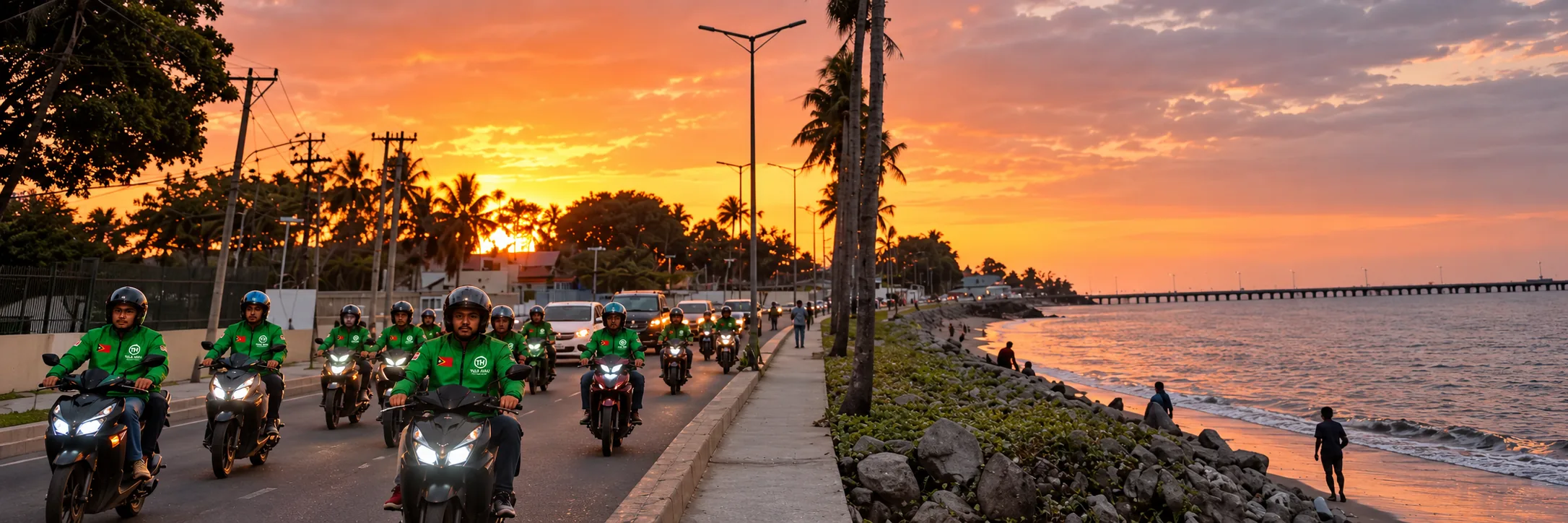 TULA-HAU riders on motorbikes along a seaside road at sunset